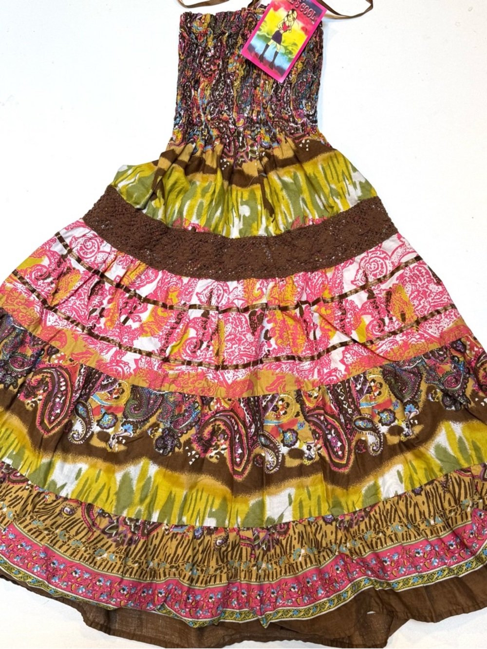 She's Cool Boho Tiered Maxi Dress - Pink & Olive
